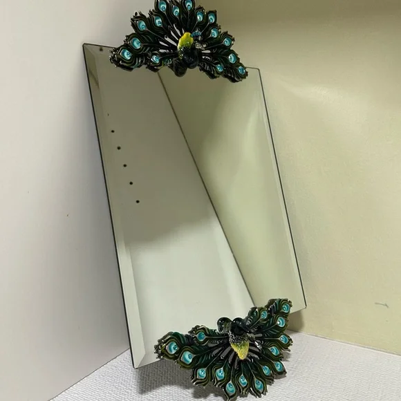 Vintage Enamel Rhinestone Pewter Peacock Mirror Vanity Tray